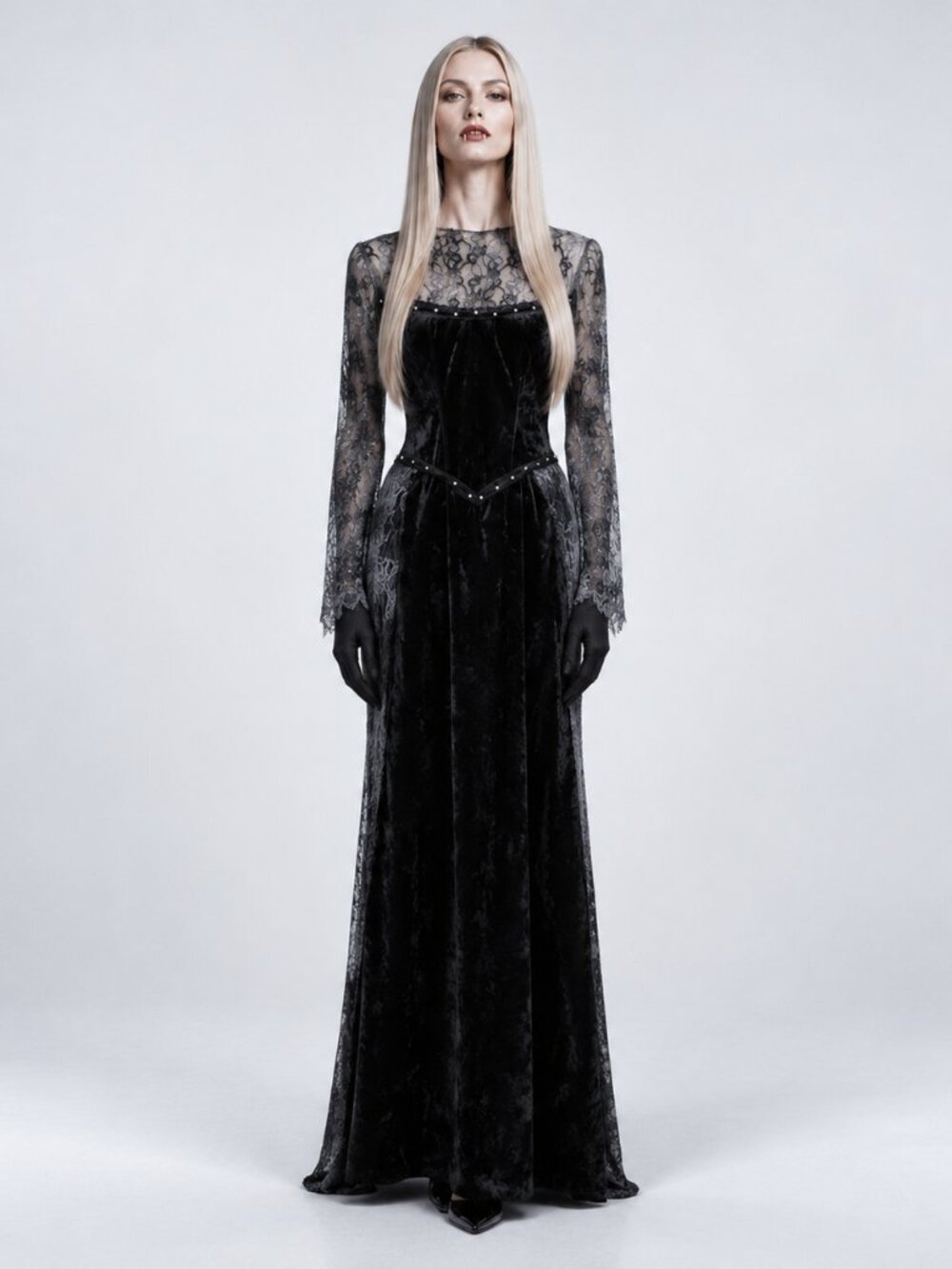 Black Stretchy Velvet Gray Lace Gothic Vampire Medieval Costume Dress L